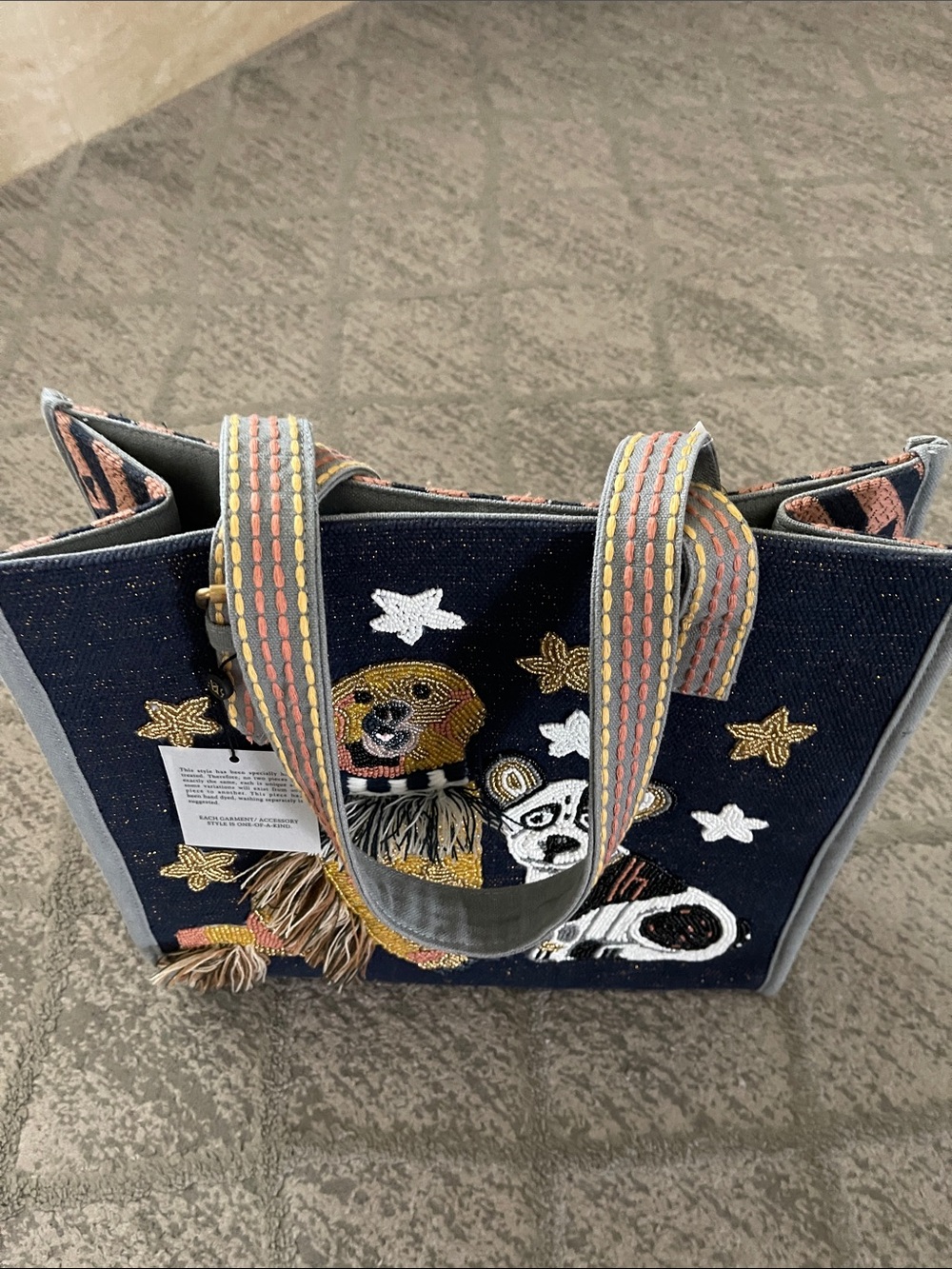 NEW Navy Beaded Tote with Dog and Star Accents - Picture 2 of 6